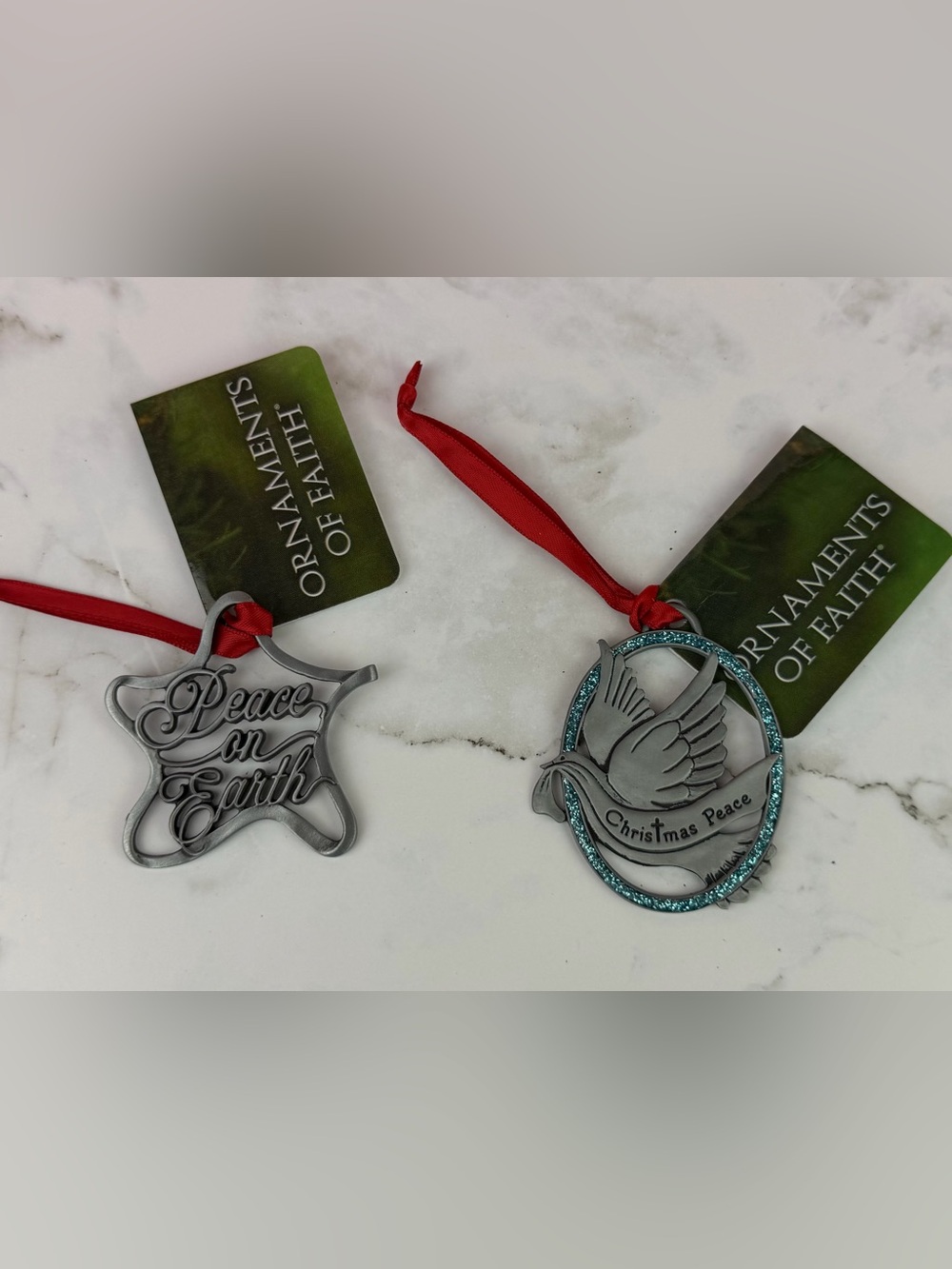 Ornaments of Faith Pewter Set – "Peace on Earth" Star & "Christmas Peace" Dove